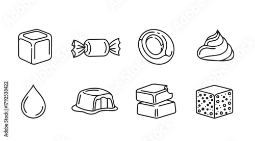 Collection of eight hand drawn sweet treats in a simple black and white silhouette style