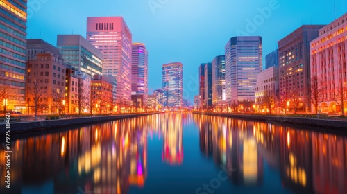 Daily office cleaning routine, A vibrant city skyline at night with illuminated skyscrapers reflecting on a calm river.
