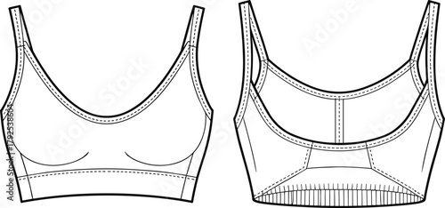 Women's scoop neck sports bra technical flat fashion sketch front and back view, modern activewear design template for apparel designers