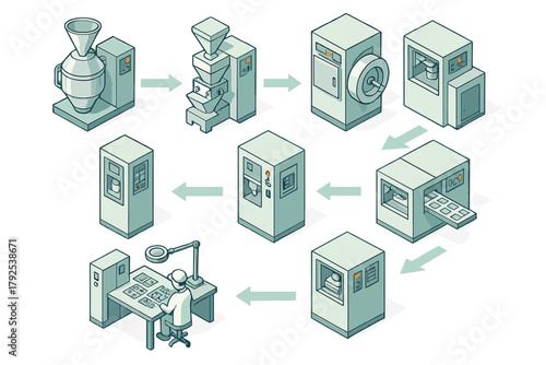 Isometric industrial process flow diagram of automated manufacturing and quality control system