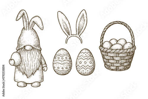 Cute vintage Easter gnome with bunny ears, decorated eggs, and wicker basket