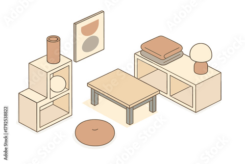 Minimalist living room furniture set in isometric view with coffee table, storage shelves, lamp, and cushion