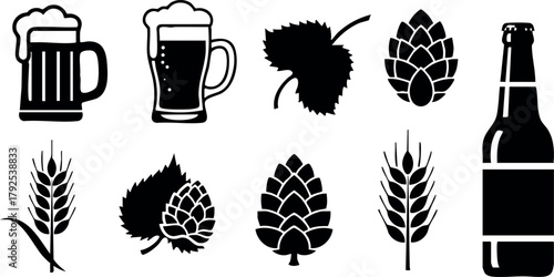Beer icons set including mugs, bottle, hops, and wheat silhouettes in vector design for brewing and beverage themes