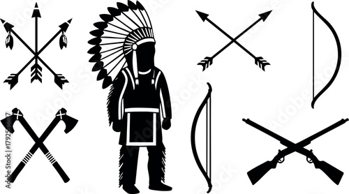 Native American warrior silhouette with traditional weapons including bow, arrows, tomahawks, and rifle vector illustration