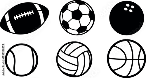 Set of six different sports balls including football, soccer, bowling, tennis, volleyball, and basketball vector icons
