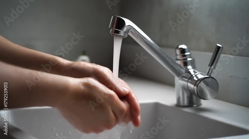 Person's hands washing under running water from a modern chrome faucet in a white sink, promoting hygiene