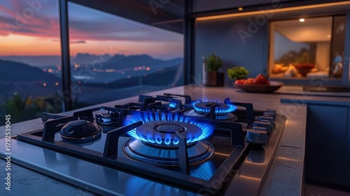 Modern Gas Stove with Blue Flames in Luxury Kitchen Overlooking Sunset Mountain View