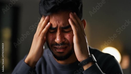 Close-up of a Young Man Crying Deeply in Distress, Holding Hands to Temples in Sorrow and Pain