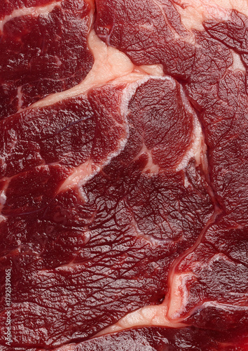 Fresh raw red meat texture with white fat marbling.