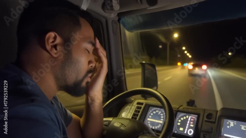 Tired Male Truck Driver Falling Asleep at the Wheel While Driving at Night on a Highway