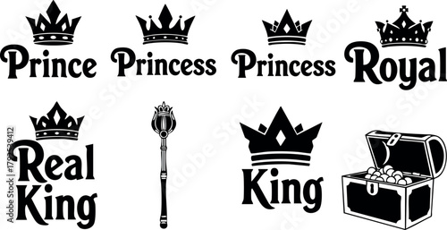 Royal crowns and titles vector set including prince princess king real king royal symbols and treasure chest icons