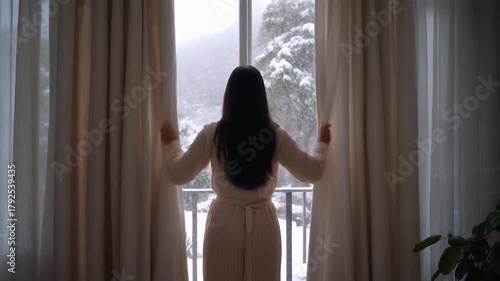 Young woman opening beige curtains at home, revealing a beautiful snowy winter landscape outside her window.