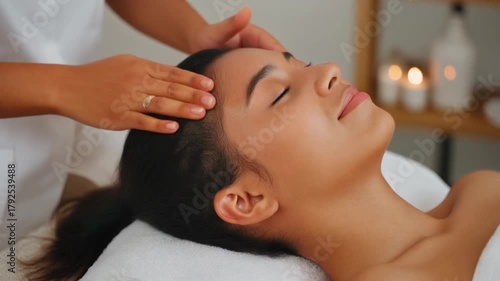 Close-up of Young Woman Enjoying Relaxing Head Massage at Spa