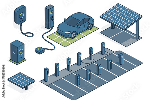 Electric vehicle charging station infrastructure with solar power generation and parking lot setup