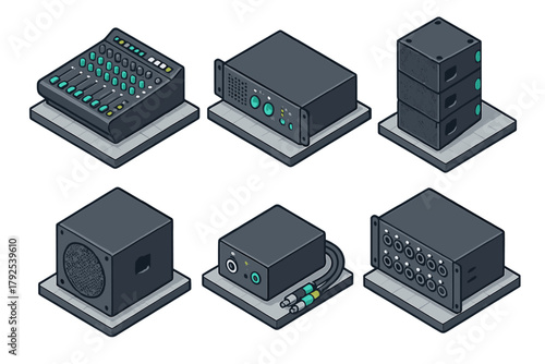 Professional audio equipment setup in isometric style for music production and live events