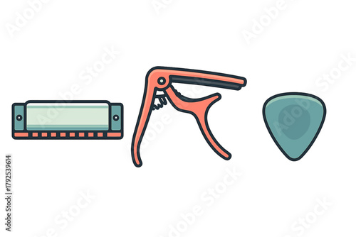 Essential musical accessories set including harmonica, guitar capo, and pick