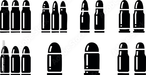 Bullet cartridge vector set with various sizes and shapes in black silhouette style for design and illustration purposes