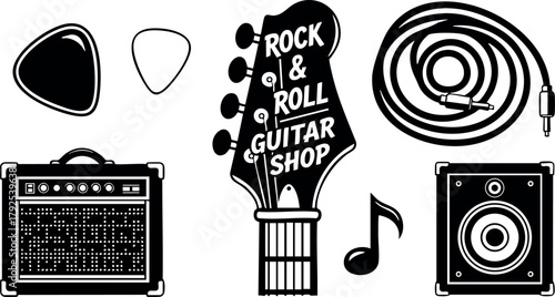 Rock and Roll Guitar Shop Vector Set with Amplifier Speaker Guitar Picks and Cable for Music Enthusiasts