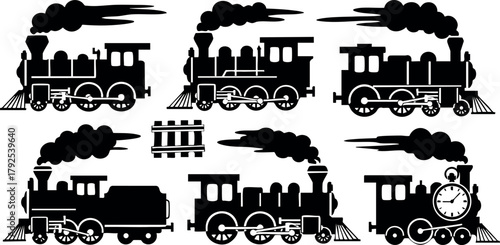 Vintage steam locomotive silhouette vector set with classic train engines and smoke plume illustrations