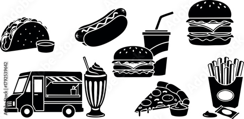 Fast food icons set with burger, pizza, fries, hot dog, taco, drink, milkshake, and food truck vector design