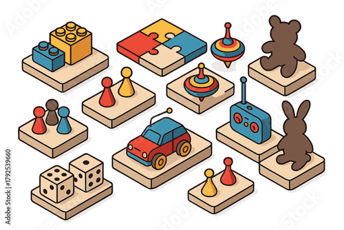 Colorful isometric icons of building blocks, puzzle pieces, dice, spinning tops, and game pawns
