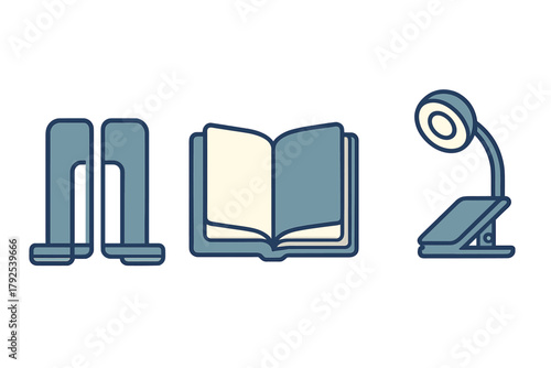 Set of reading and study accessories: bookends, open textbook, and clip-on desk lamp