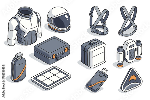 Futuristic space travel and survival equipment collection in isometric view: helmet, suit, and jetpack