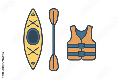 Essential equipment for kayaking and water sports including a yellow kayak, paddle, and safety life jacket