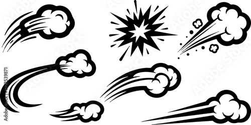 Cartoon style comic smoke clouds and explosion effect vector set for graphic design and illustration use