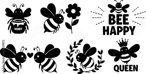 Cute bee vector icons with honey jar bee happy and queen bee designs for nature and insect themes