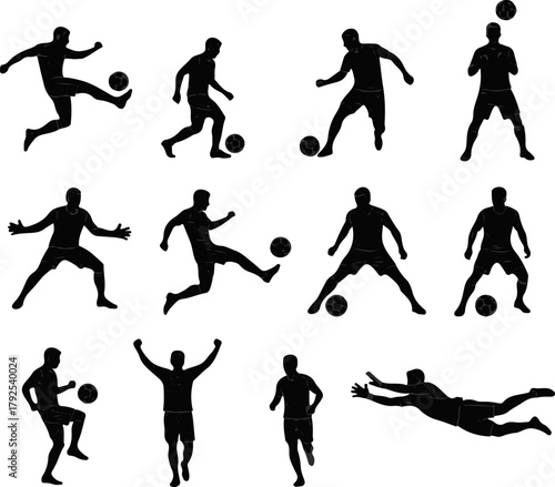 Black Silhouette of 12 Dynamic Football Styles – High Detail Sports Action on White Background
