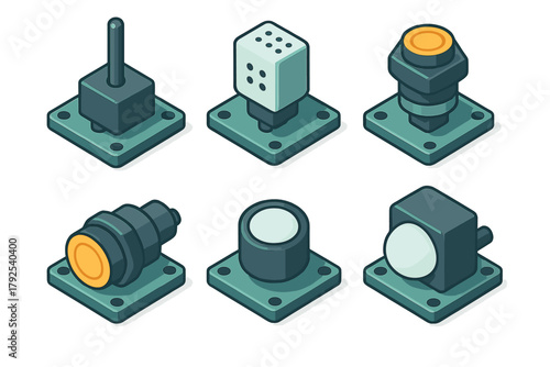 Isometric set of industrial control elements including joystick, sensor, push button, and indicator lights