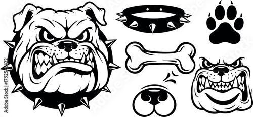 Bulldog face with spiked collar bone paw print and nose black and white vector set for design