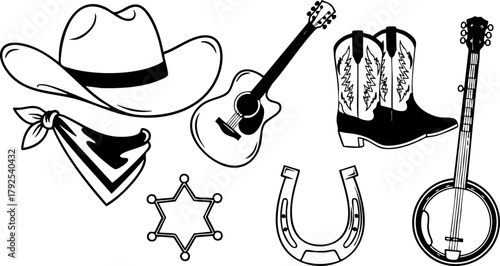 Western country music icons cowboy hat bandana acoustic guitar sheriff badge horseshoe boots banjo vector illustration