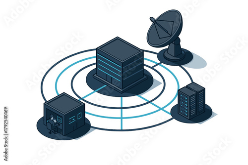 Global data network infrastructure connecting server racks, control room, and satellite dish