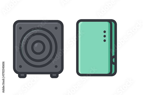 Minimalist icon set showing a large audio speaker and portable external hard drive