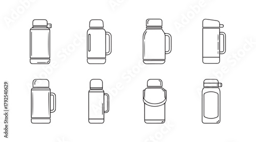 Collection of eight different thermos flask outlines in silhouette style