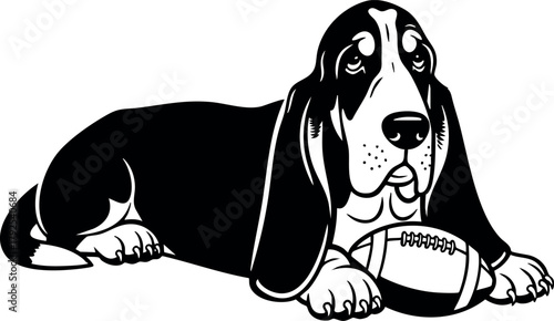 Basset Hound Dog Lying Down with Football Vector Illustration in Black and White Style