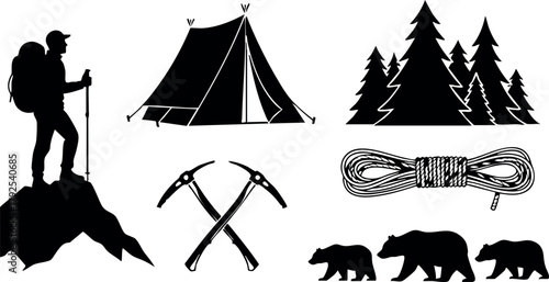 Mountain climbing silhouette with tent pine trees ice axes rope and bear family outdoor adventure vector illustration