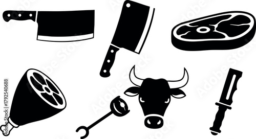 Butcher tools and meat cuts vector set with cleavers, ham, steak, bull head, and knife illustration