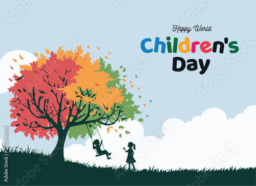 Colorful childrens day celebration vibrant tree with swinging child vector art
