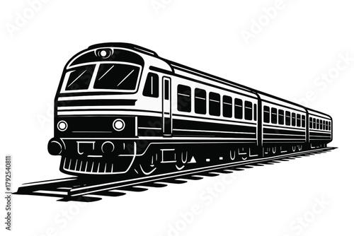 Classic passenger train with multiple cars traveling on railroad tracks