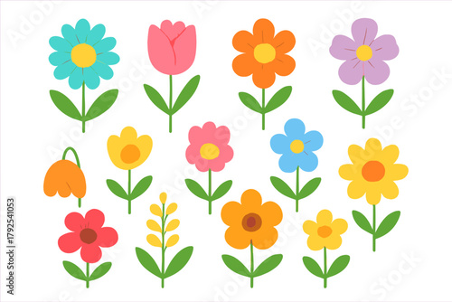 Colorful stylized spring and summer flowers with green stems and leaves