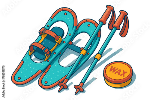Modern snowshoes, trekking poles, and wax for winter outdoor sports equipment