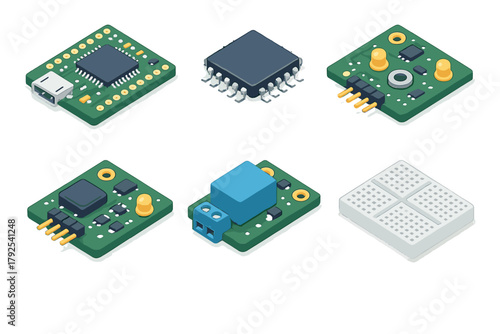 Isometric electronic hardware components including microchips, sensors, and prototyping boards