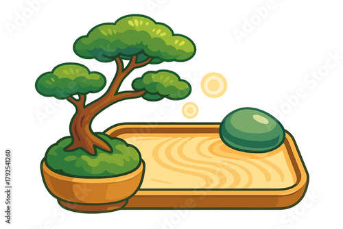 Traditional Japanese Zen garden with miniature bonsai tree and raked sand in a tray