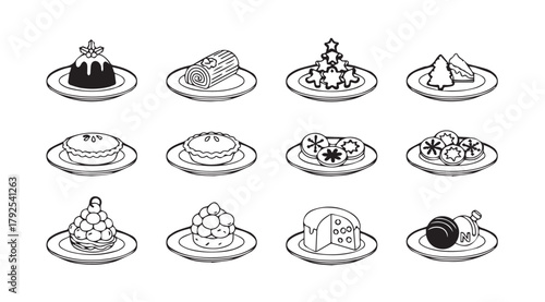 Collection of twelve delicious desserts and pastries presented as stylized line art silhouette