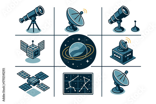 Astronomy and space exploration symbols featuring telescopes, satellites, radar dishes, and a planet