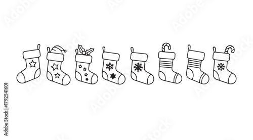 Collection of christmas stockings with festive patterns in a simple silhouette style