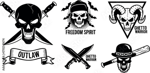 Pirate skulls with crossed knives and baseball bat outlaw freedom spirit ghetto warrior vector design set